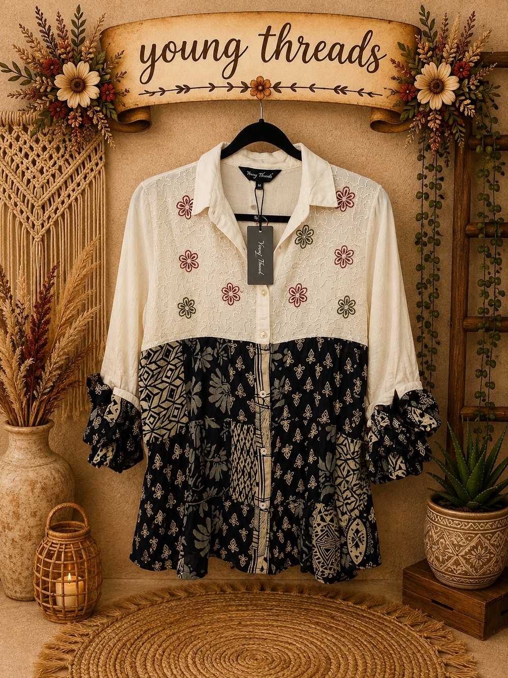 106 Young Threads Cream & Black Patchwork Button-Down Blouse